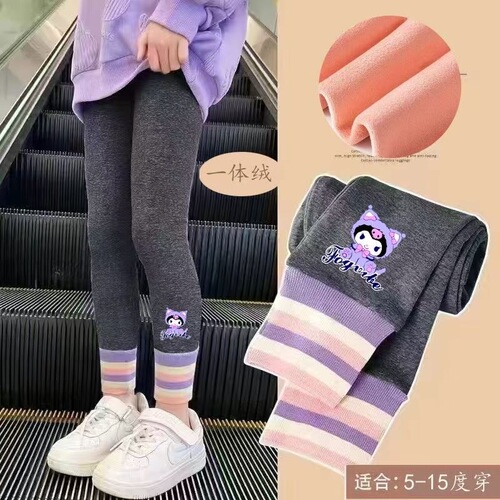 Children's Fleece Leggings for Autumn/Winter Korean Style Cartoon Outwear No Slip Cotton Pants for Girls Set-in-Sleeve Warmth Leggings Wholesale