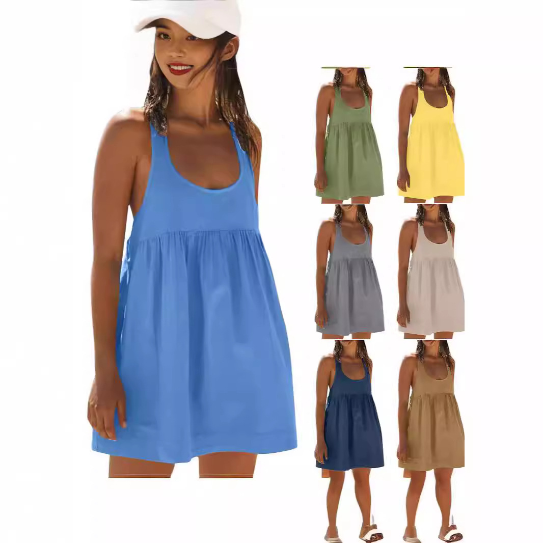 2024欧美跨境爆款夏季无袖背心裙摆裙休闲飘逸分层沙滩口袋长裙女