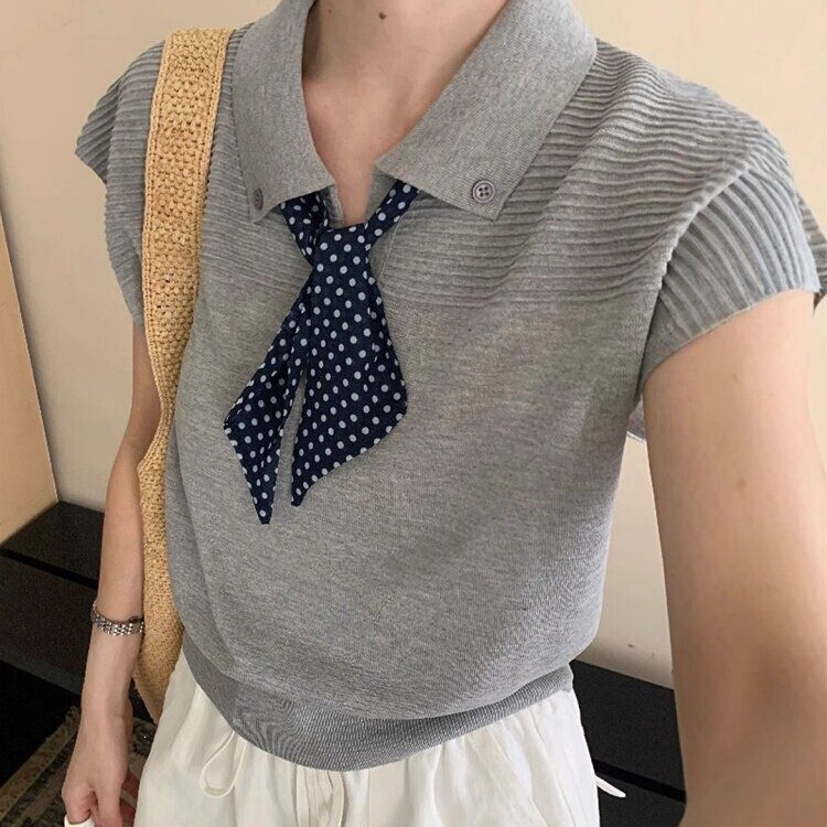 Polo Collar Hepburn Style Silk Scarf Sleeveless Knit Vest T-Shirt for Women 2026 New Summer Beautiful Blouse Top