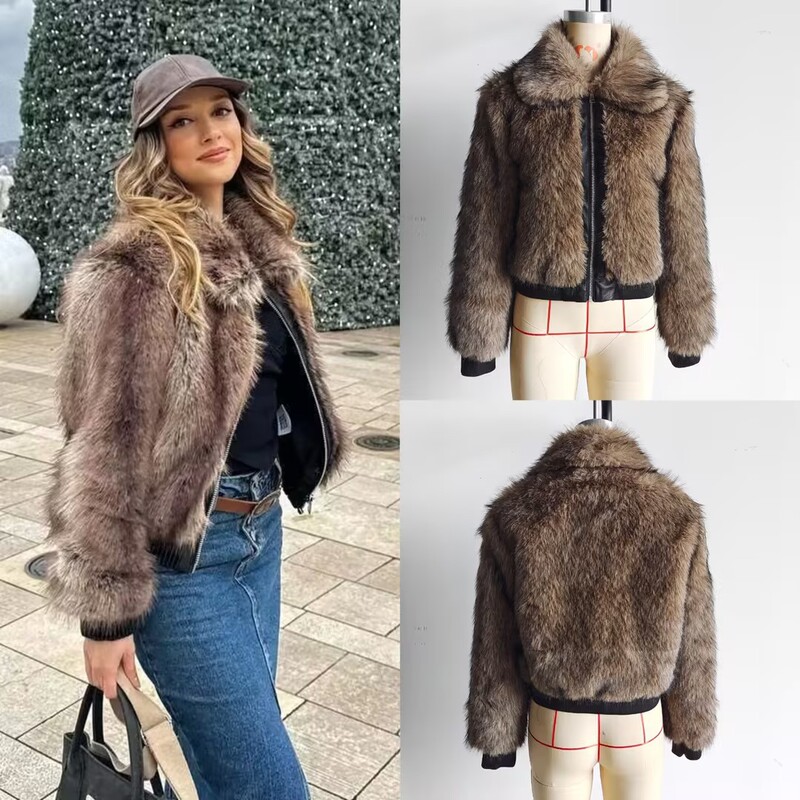 European and American Cross-Border Winter Women's Lapel Long-Sleeved Luxury Artificial Fur Splicing Zipper Jacket Tops for Women European and American Cross-Border Winter Women's Lapel Long-Sleeved Luxury Artificial Fur Splicing Zipper Jacket Tops for Women