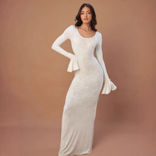 大码木耳边长袖连衣裙2025秋冬款设计感花朵蕾丝性感修身连衣裙