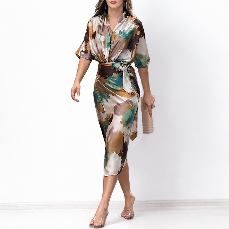 New Spring Women's Dress: Elegant Printed V-Neck With Belt And Waistband, Fitted Dress_ecoleips.com