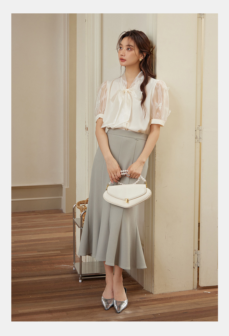 起范 夏款气质轻熟风蝴蝶结衬衫女短袖小众设计钉珠法式衬衣82302 pic 13