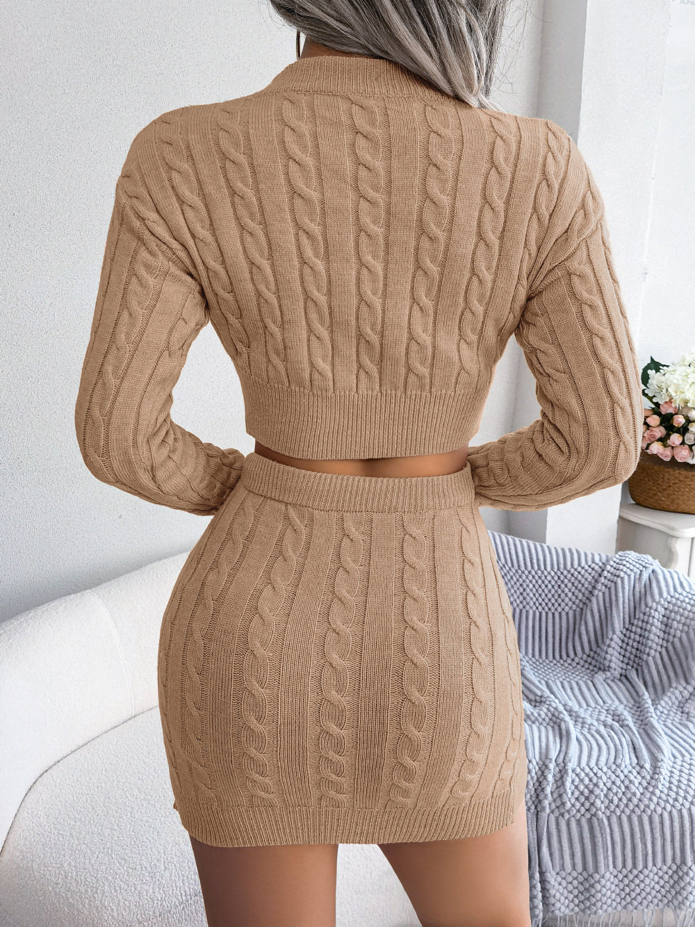 Strick-set Mit Kurzem Pullover Und Engem Rock Für Damen_voghion.com