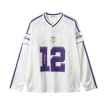 编号字母印花V领长袖T恤男士运动休闲拼接网眼春秋季宽松球服街潮