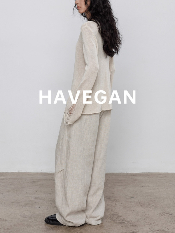 与间HAVEGAN/秋季v领天丝亚麻长袖设计感针织衫女宽松老钱风上衣|undefined