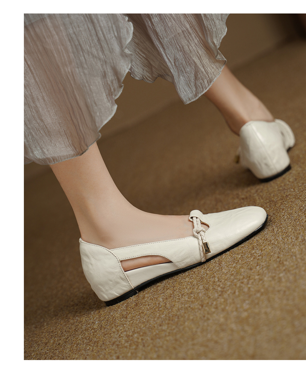 Sandal nữ da cừu mũi kín đế xuồng gót cao 9 cm phong cách Hàn Quốc — màu nâu chi tiết 9