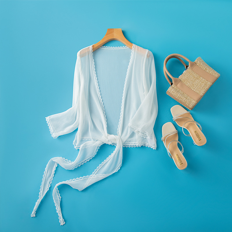 Beach Vacation White Lace Silk Sun Protection Clothing For Women Summer Short Lace-up Air Conditioning Blouse Mulberry Silk Shawl Cardigan