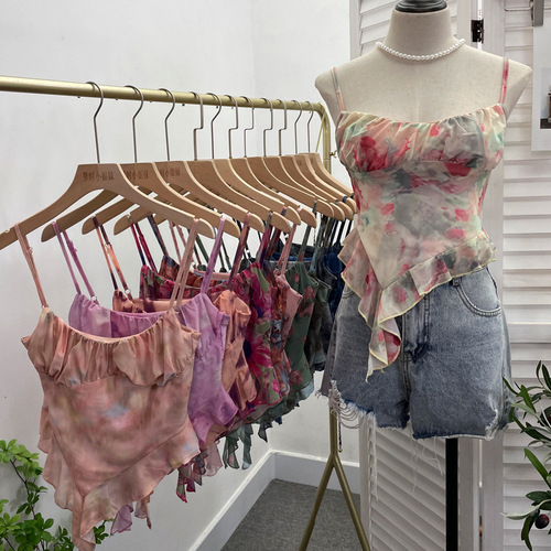 Real shot hot girl tube top irregular camisole slim fit printed mesh sleeveless top wholesale 8950