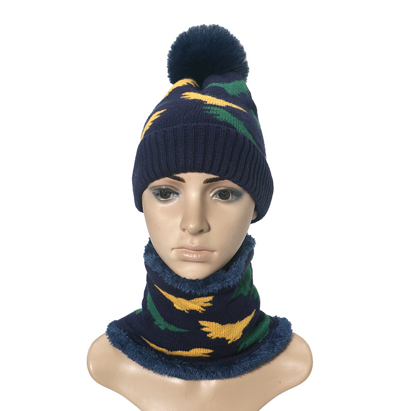 Winter kids' hat & scarf set with a cute dinosaur in Grey, Blue, White, Hidden Green