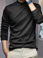 Mercerized Thin Fleece Men's Half-Turtleneck Long-Sleeve Thermal T-Shirt, Double-Sided Velour Warm Undershirt