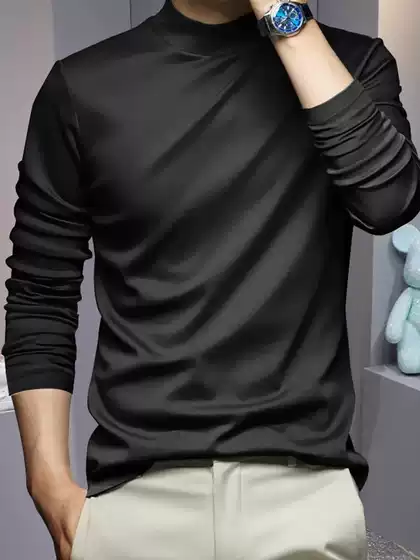 Mercerized Thin Fleece Men's Half-Turtleneck Long-Sleeve Thermal T-Shirt, Double-Sided Velour Warm Undershirt