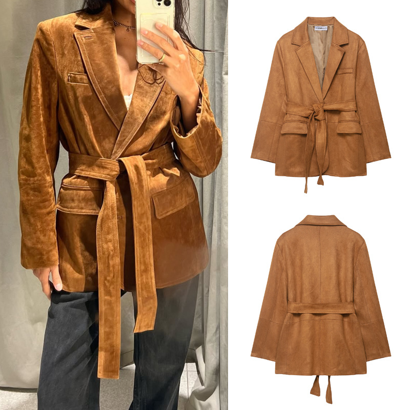 Cross-Border Women's Clothing Wholesale European and American Style Women's Clothing Fashionable and Elegant Suede Leather Blazer with Belt