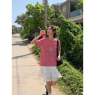 简约休闲帆船印花短袖T恤女夏季宽松显瘦设计感慵懒上衣