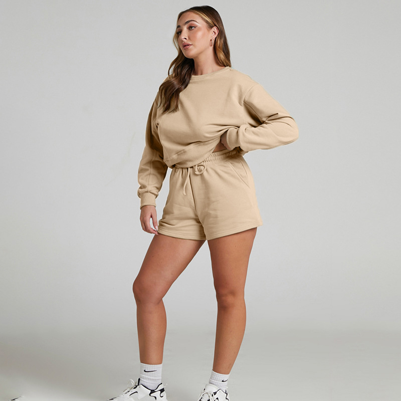 Solid Color Long Sleeve Sweaters Women Clothing Short Two-Piece Casual Shorts Suit
