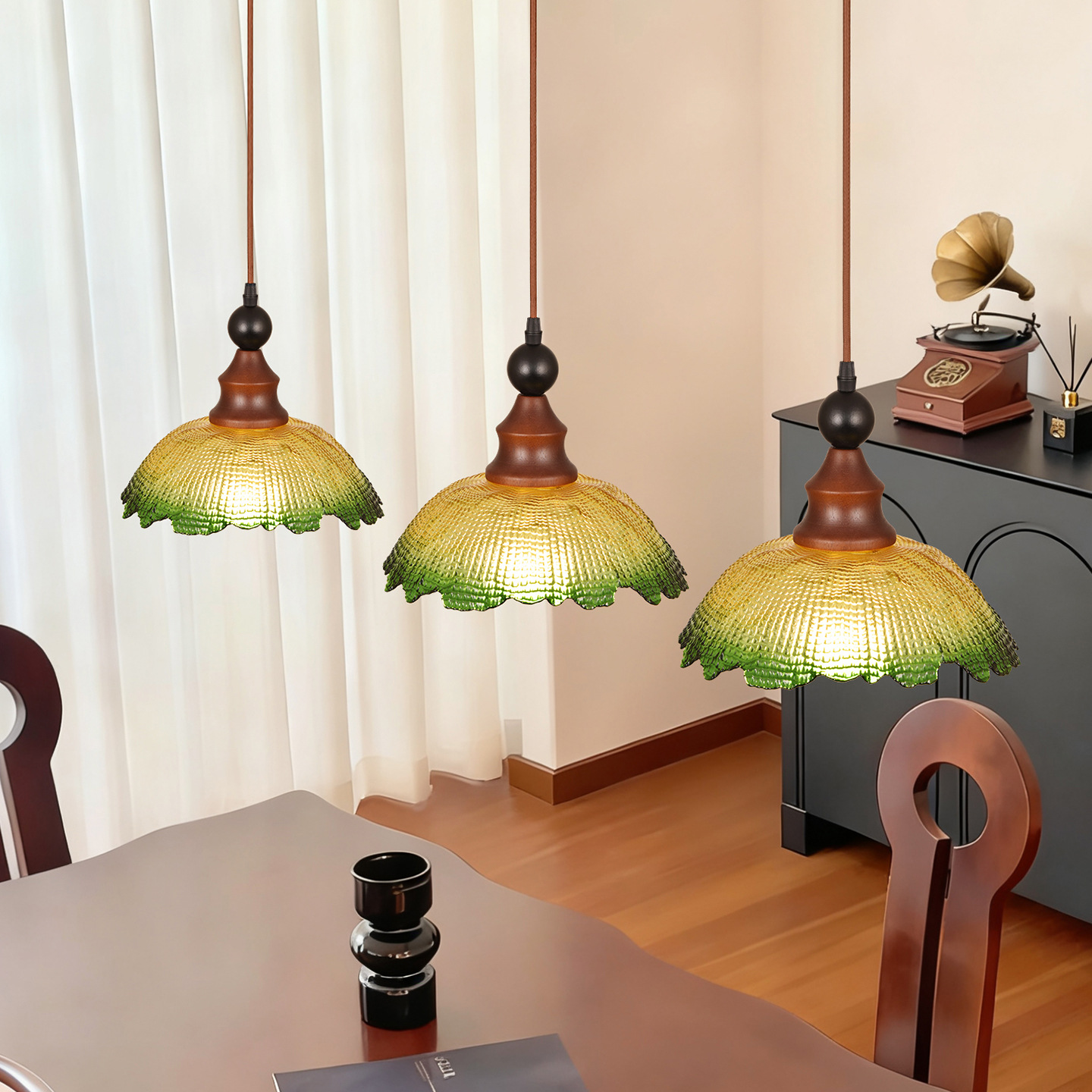 Landelier de comedor de vidrio retro mesa de comedor iluminación de bar decoración medieval madera sólida tres cabezas lámpara de comedor L271
