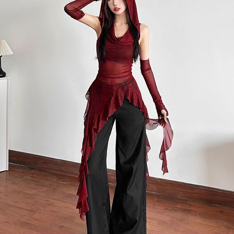 2025 New Halloween Cos Red Swing Collar Hooded T-shirt Women's Ruffled Irregular Slim Top with Sleeve 2025 New Halloween Cos Red Swing Collar Hooded T-shirt Women's Ruffled Irregular Slim Top with Sleeve