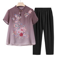 奶奶春夏中式国风短袖小个子妈妈夏季雪纺气质唐装中老年T恤小衫