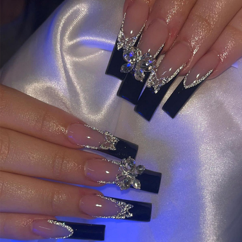 Cross-Border European and American Long Water Pipe Wearable Nails Butterfly French Rectangular Manicure Nails Fake Nails Finished Products Wholesale Cross-Border European and American Long Water Pipe Wearable Nails Butterfly French Rectangular Manicure Nails Fake Nails Finished Products Wholesale