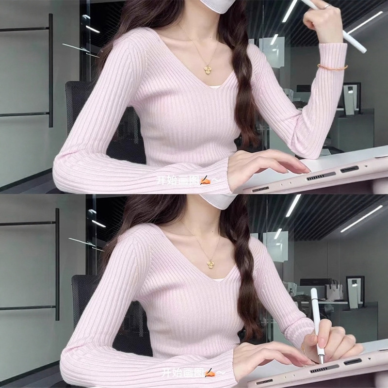 Gentle Style Pink Ribbed V-Neck Knit Sweater for Women, New Autumn Soft and Slim Waist, Versatile Base Shirt Top Gentle Style Pink Ribbed V-Neck Knit Sweater for Women, New Autumn Soft and Slim Waist, Versatile Base Shirt Top