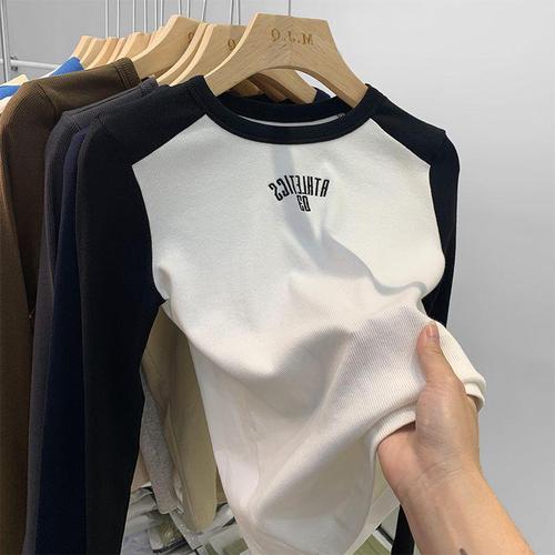 Round Neck Collar Splicing Long Sleeve T-Shirt for Women - Spring New Arrival Contrasting Color Fitted Base Shirt for Layering - Stylish Top