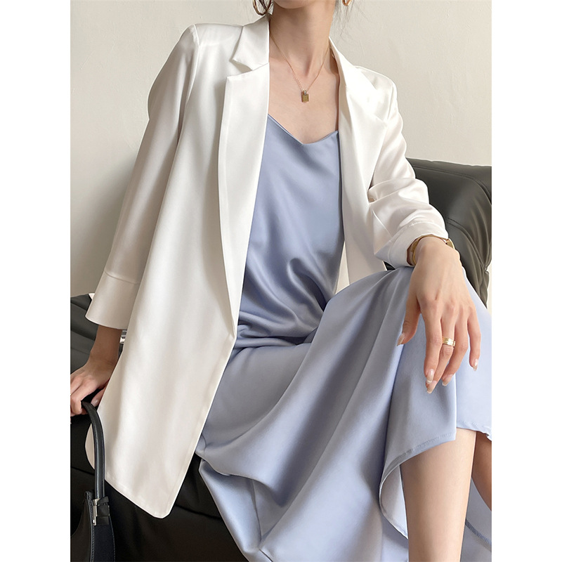 梦子汐 醋酸缎面七分袖纯色西装女外套夏季薄款气质韩版西服 X893