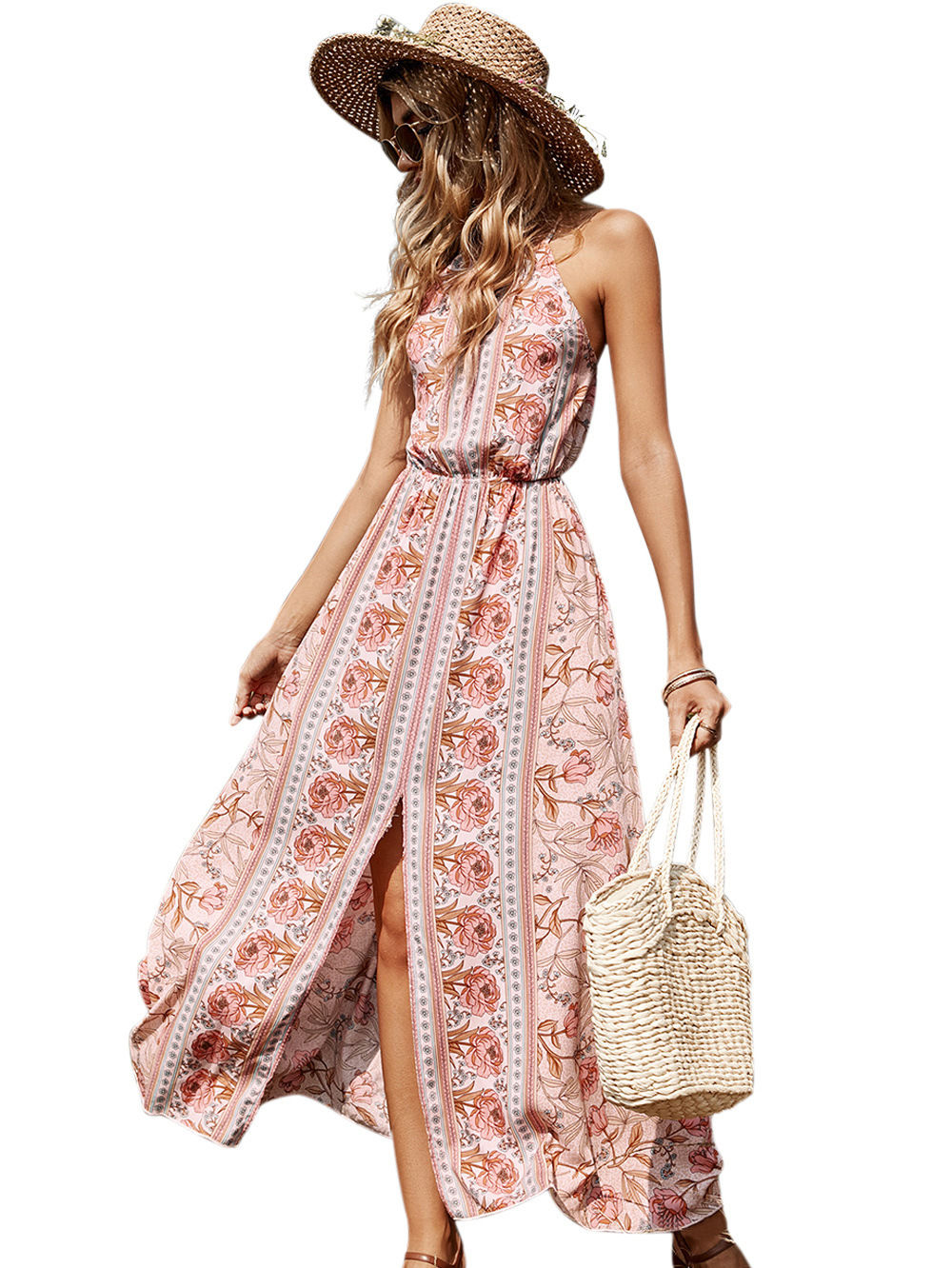 Sleeveless Lace-Up Backless Split Floral Dress NSDF111241