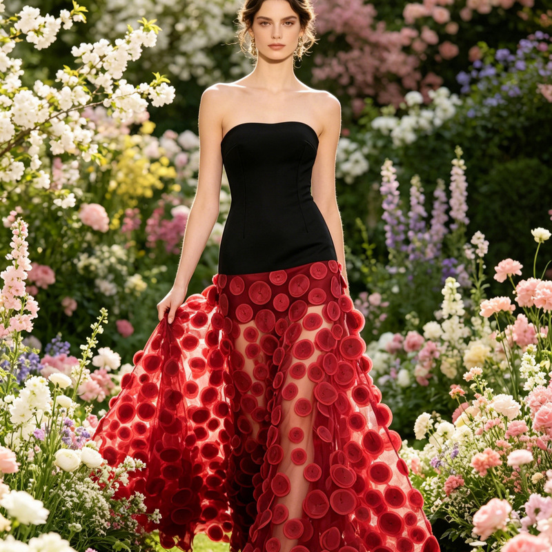 Cross-Border Dress Tik Tok Popular Tube Top Slim Fit Contrasting Color Stitching Polka Dot Mesh Long Skirt Banquet Evening Dress