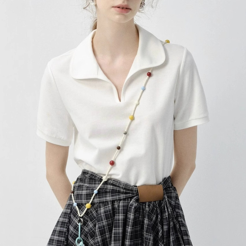 Vega Short-Sleeved T-Shirt for Women 2026 Summer New Style Pure Color Lapel Slim Casual Versatile Right-Shoulder Top Pearl White