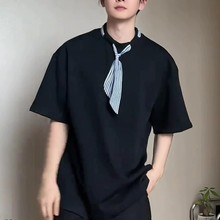 男士夏季时尚简约领带圆领短袖T恤男潮流百搭设计感小众青少年T恤