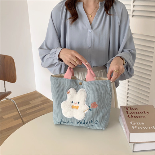11097 Cute Cartoon Rabbit Embroidered Canvas Bag Corduroy Tote Bag Female Student Work Commuting Lunch Bag