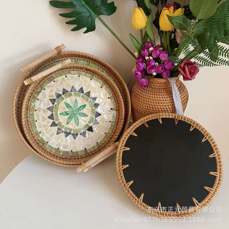 Vietnam ratán tejido Shell bandeja color Shell tejido merienda cesta de almacenamiento merienda bandeja fruta pan té bandeja