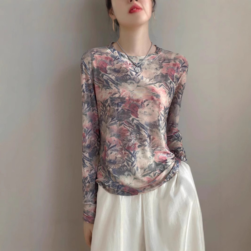 春夏新款水墨晕染网纱印花打底衫女时尚显瘦长袖T恤上衣|undefined
