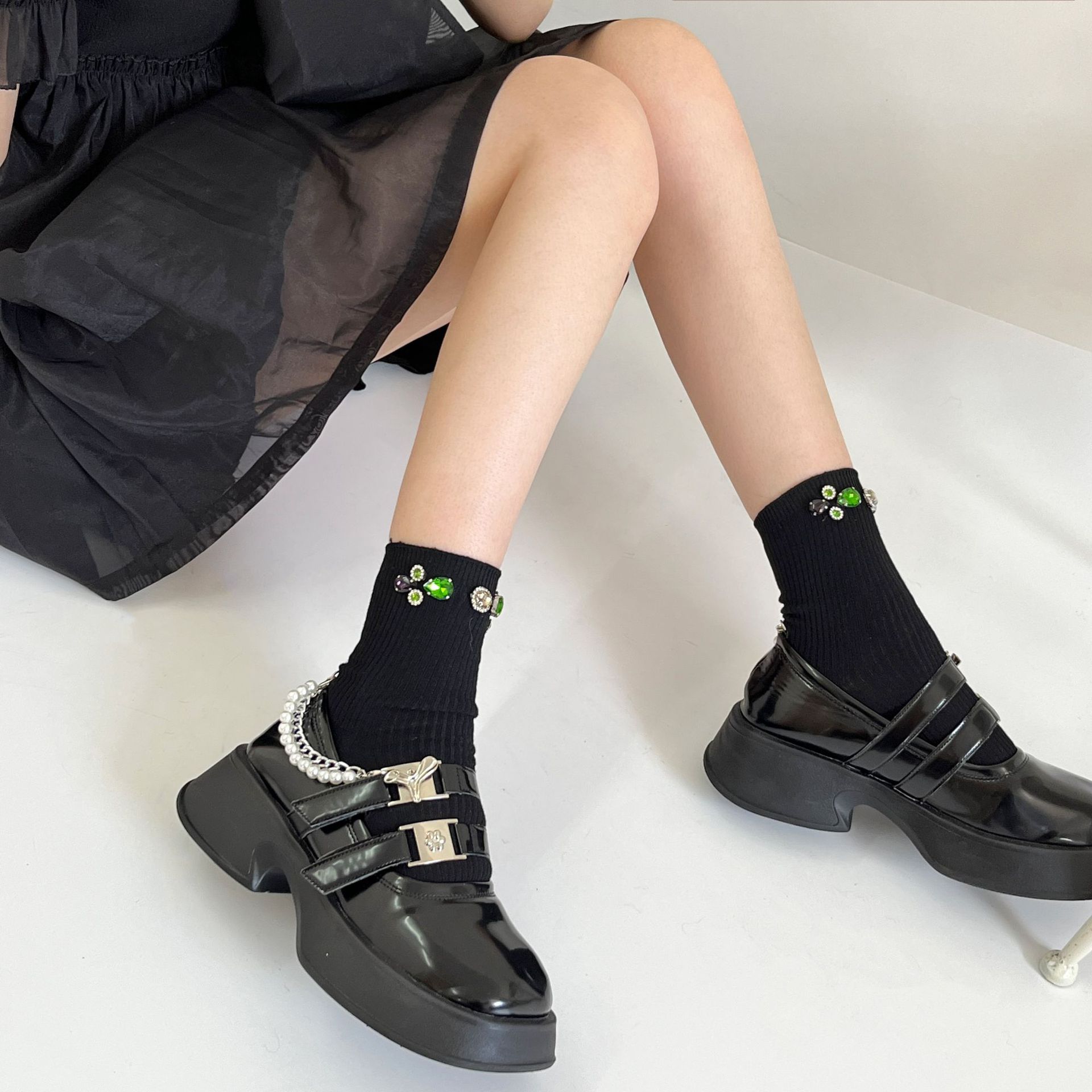 Spring And Autumn Short Socks For Girls,Colored Diamonds And White Diamonds,Simple Korean Style,Sweet Style,Mid-tube Socks