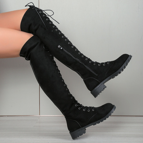 Womens Winter New Knee-High Boots with Round Toe Fleece Laces Plus Size Slimming Boots Wish