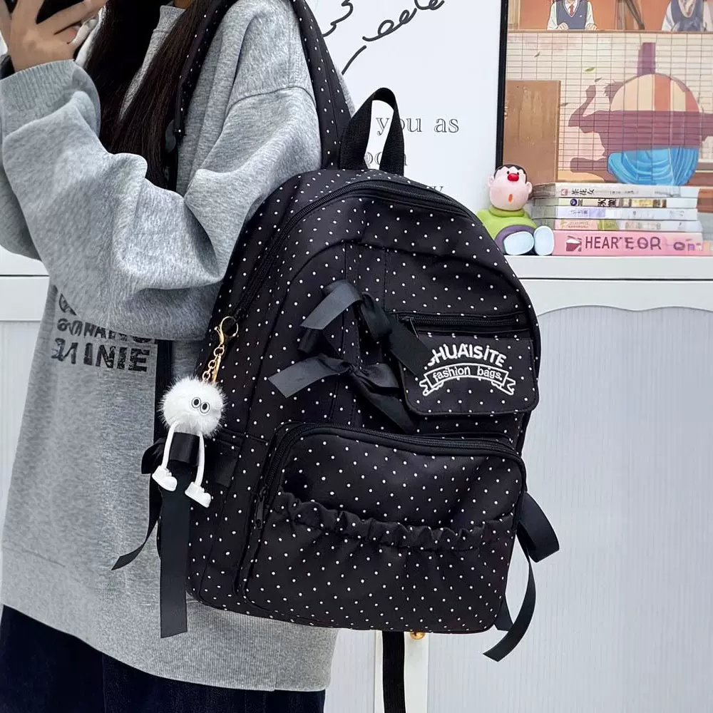 韩版ins风蝴蝶结波点可爱少女背包中大学生校园小清新双肩书包女