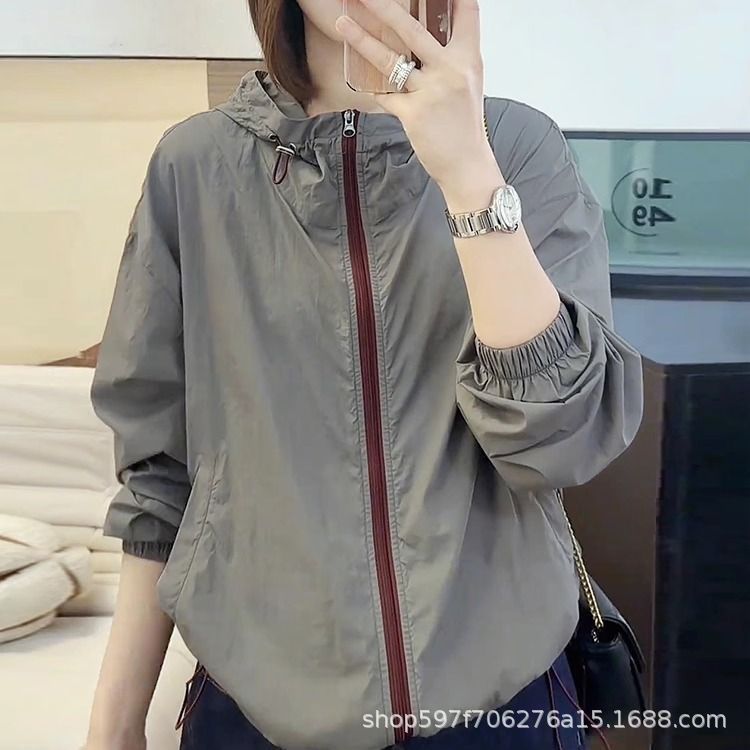 欧货防晒衣女2026夏季新款透气撞色拉链宽松连帽休闲薄款洋气外套