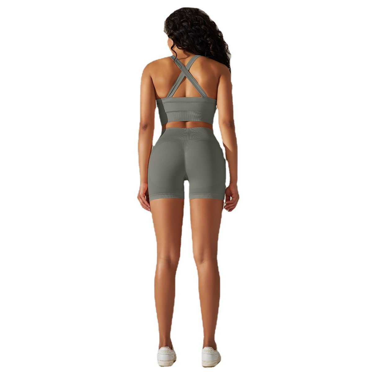 Europa y América transfronteriza transparente color sólido Cruz espalda Sujetador deportivo ropa de yoga traje correr fitness pantalones cortos de dos piezas conjunto