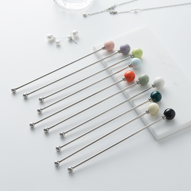 304 Stainless Steel Tea Coffee Stirring Bar Multicolor Dessert Sign Household High Color Value Ceramic Handle Stirring Bar Wholesale