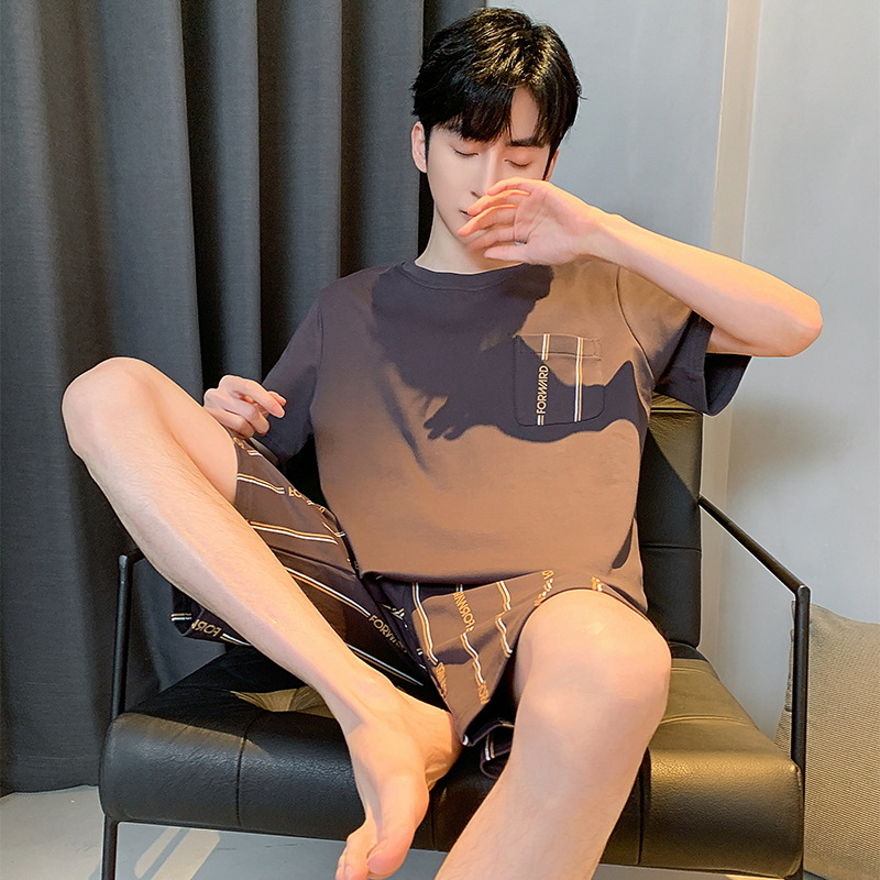 Pijamas de algodón de los hombres de manga corta de verano lindo de dibujos animados hombres jóvenes sueltos 2024 Nuevo traje de homewear de talla grande