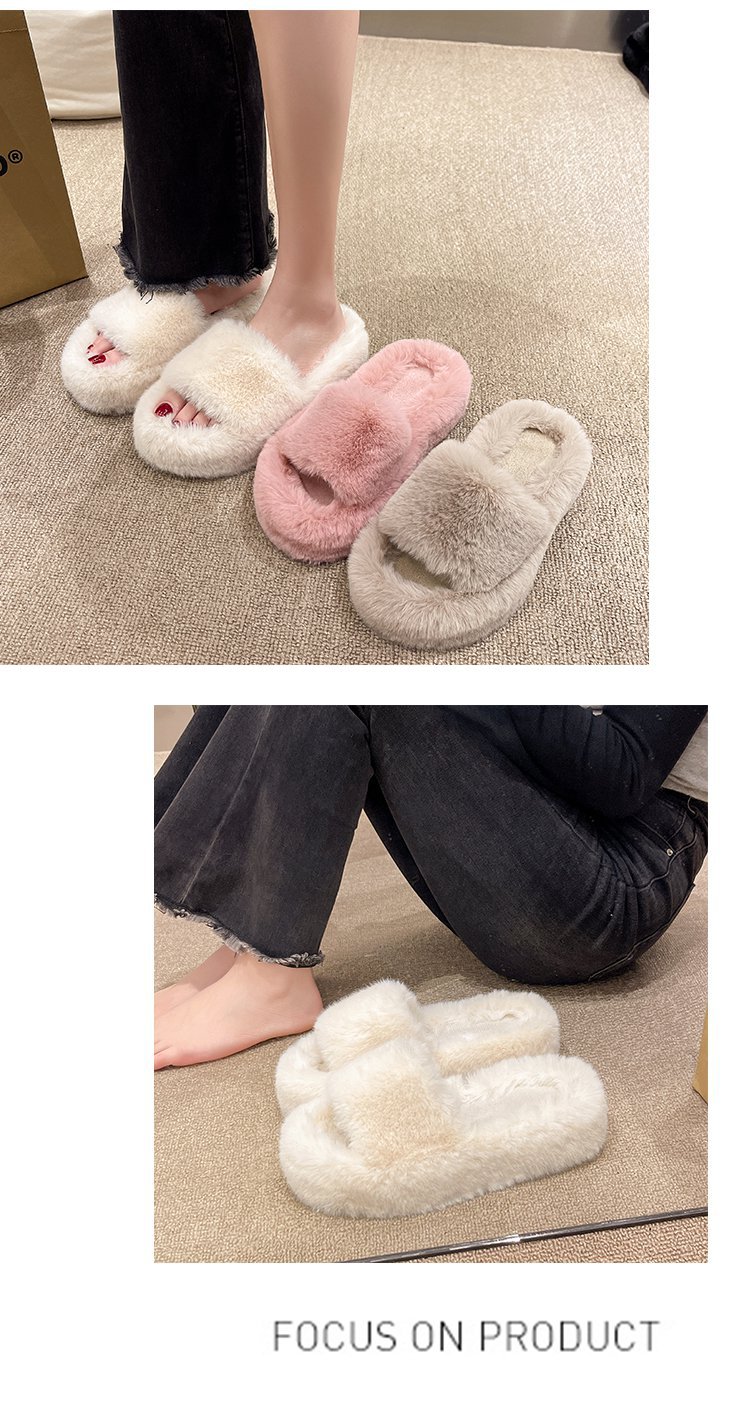2023 new thick bottom one-word solid color foreign trade plus size fleece slippers flat bottom plush fur slippers casual fashion_voghion.com