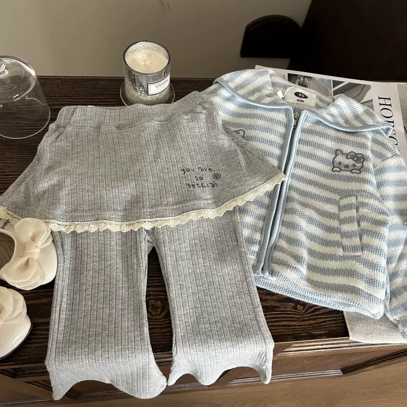 韩版童装2026新款春季女童卡通翻领外套儿童字母打底裙裤两件套潮