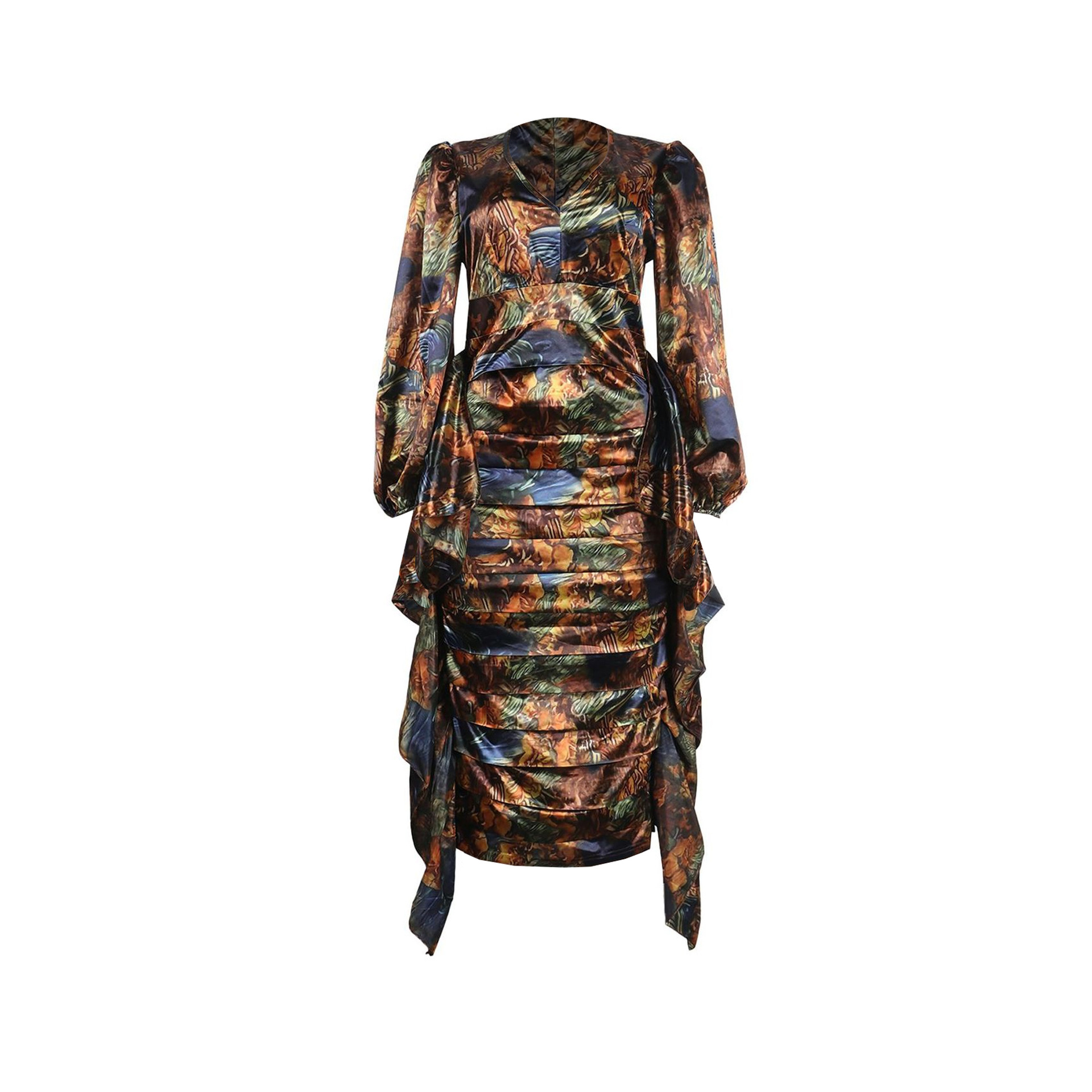 Women's Clothing Sexy Printed Ruffled Lantern Sleeve Hip Hugging Slim Fit Long Sleeve Dress_voghion.com