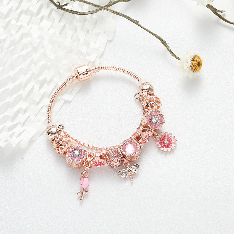2025 New Fashion Simple Pink Daisy Petal Diamond Dragonfly Big Cat Eye Big Hole Bead Bracelet