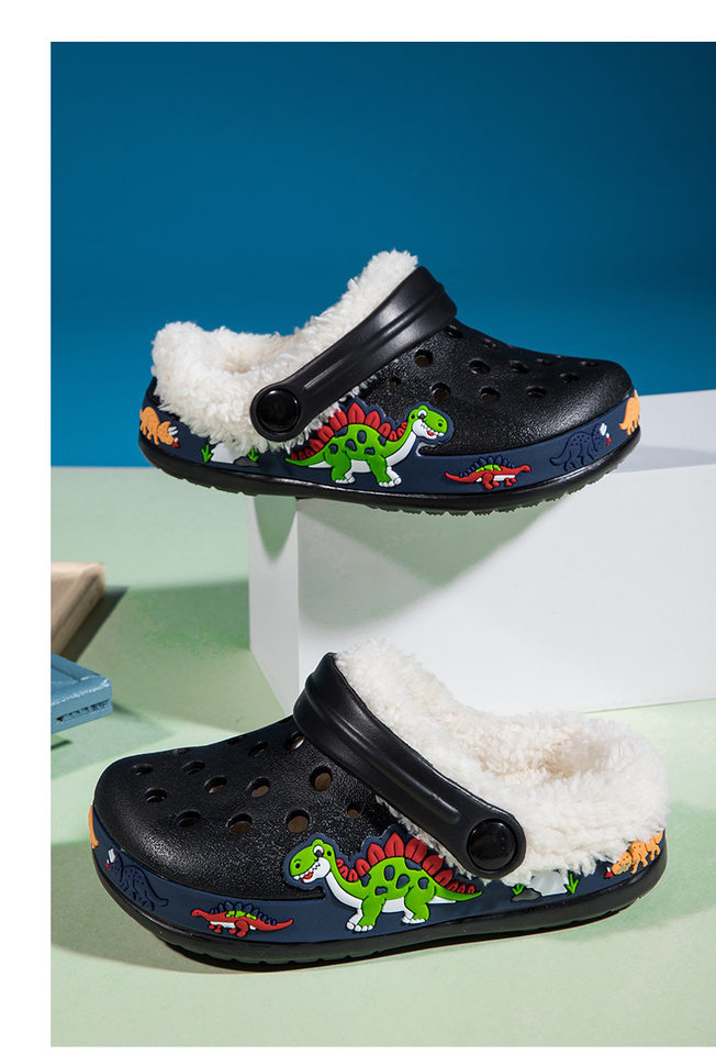 Giày clog trẻ em lót lông tháo rời họa tiết hoạt hình — —6 màu hồng, —6 màu đen, —6 xanh dương chi tiết 13