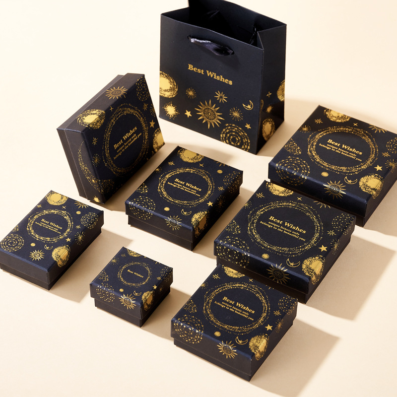 In Stock Black Hot Stamping Jewelry Box Classic Gold-Plated Watch Box Accessory Packaging Box Luxury Earring Ring Necklace Box