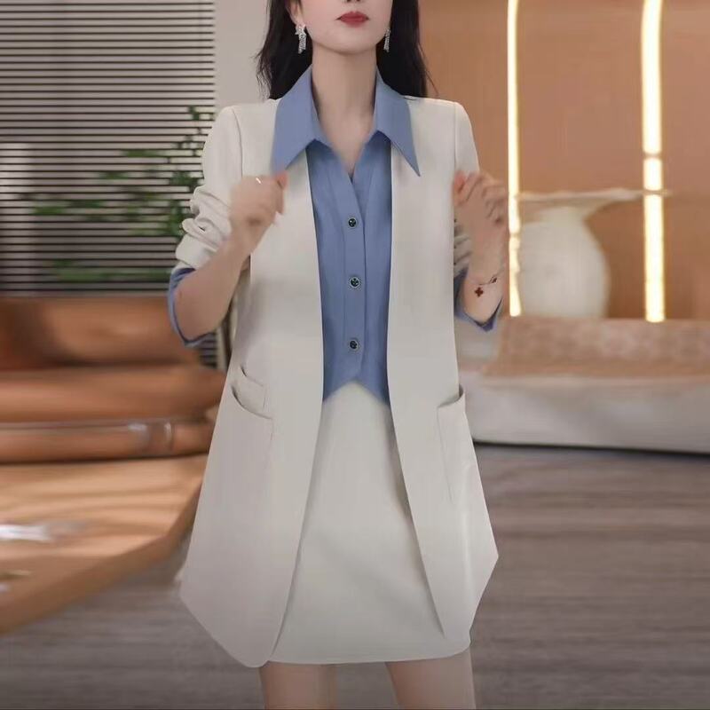 (Suit + Shirt + Skirt) Spring and Autumn Women's Suit Suit Jacket Elastic Skirt Three-Piece Set White