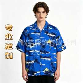 外贸定制冰丝夏威夷花衬衫宽松沙滩度假男欧美国码短袖潮流衬衣