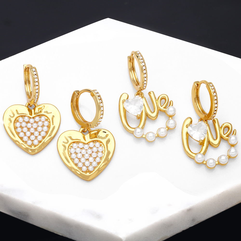 Fashion Heart Shape Copper Inlay Artificial Pearls Zircon Drop Earrings 1 Pair
