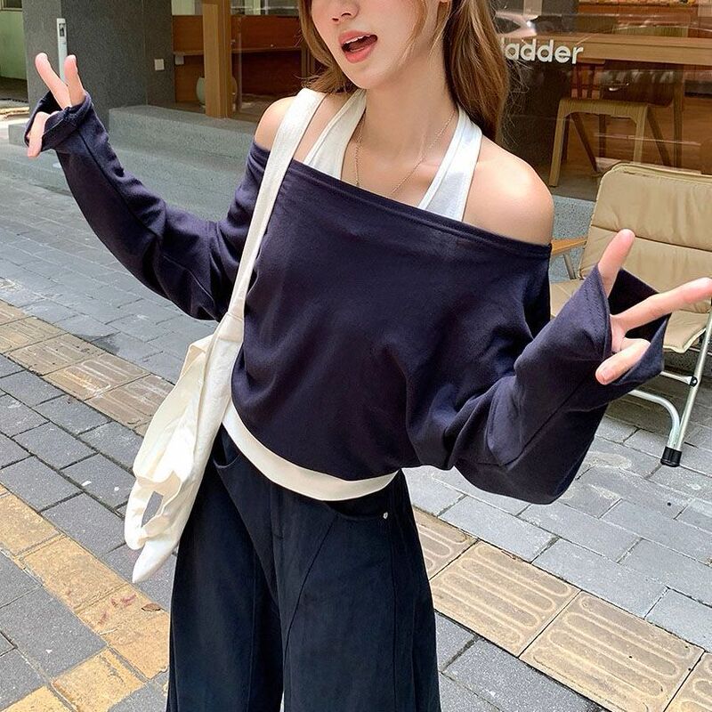 挂脖一字领露肩修身长袖打底衫女秋季辣妹撞色假两件拼接短款上衣|undefined